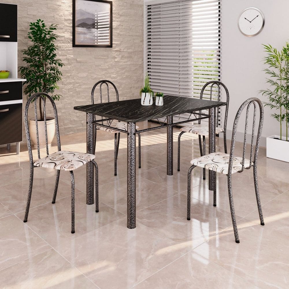Conjunto de Mesa Tubular 100x60cm Tampo em Ardósia Indiano com 4 Cadeiras Arabesco/ Prata