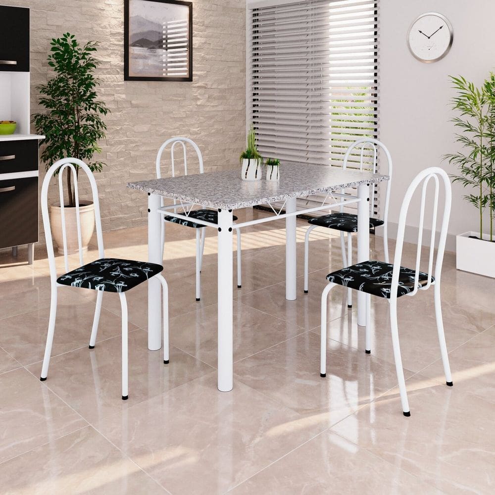 Conjunto de Mesa Tubular 100cm X 60cm Tampo em Granito com 4 Cadeiras Preto/ Branco