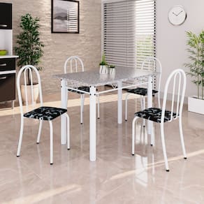 Conjunto de Mesa Tubular 100cm X 60cm Tampo em Granito com 4 Cadeiras Preto/ Branco