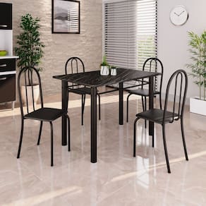 Conjunto de Mesa Tubular 100x60cm Tampo em Ardósia Indiano com 4 Cadeiras Preto
