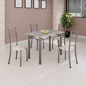 Conjunto de Mesa Tubular 100x60cm Tampo em Topázio com 4 Cadeiras Dany Bege / Prata
