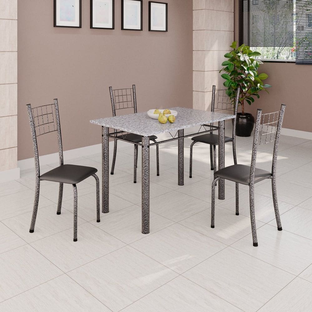 Conjunto de Mesa Tubular 100x60cm Tampo com 4 Cadeiras Dany Preto/ Prata
