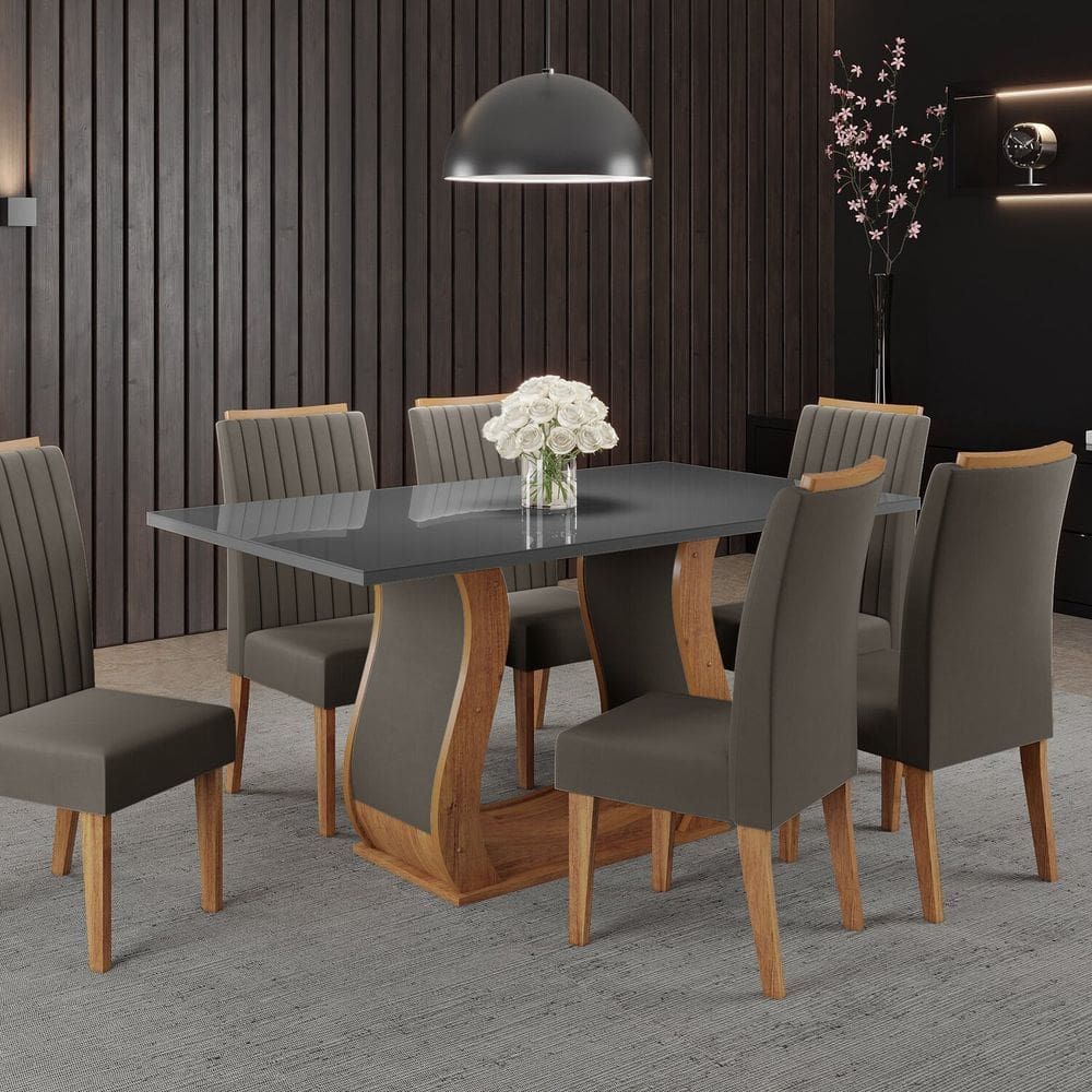 Conjunto Mesa de Jantar Retangular Manuela 160x80cm sem Vidro e 6 Cadeiras Mel/Cinza/Grafite