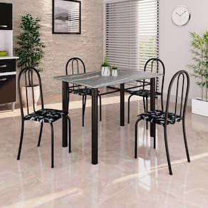 Conjunto de Mesa Tubular 100cm X 60cm Tampo em Granito com 4 Cadeiras Floral preto / Preto TXT