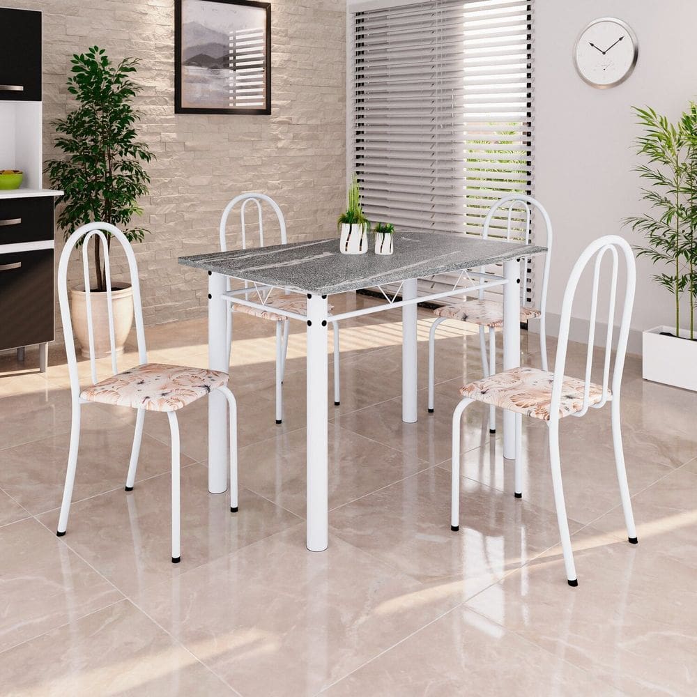 Conjunto de Mesa Tubular 100cm X 60cm Tampo em Granito com 4 Cadeiras Bege / Branco