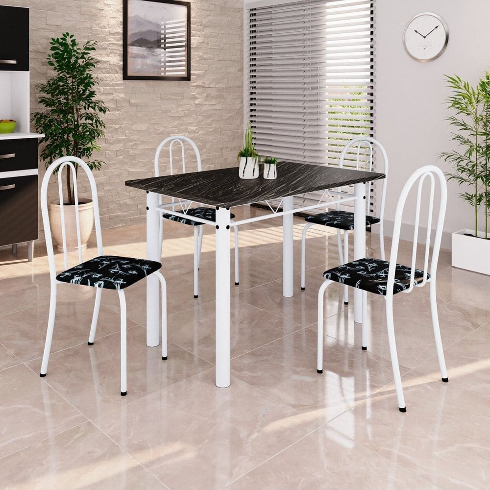 Conjunto de Mesa Tubular 100x60cm Tampo em Ardósia Indiano com 4 Cadeiras Preto / Branco