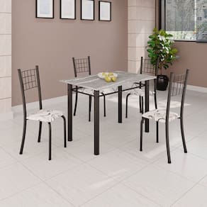 Conjunto de Mesa Tubular 100x60cm Tampo em Topázio com 4 Cadeiras Dany Arabesco / Preto