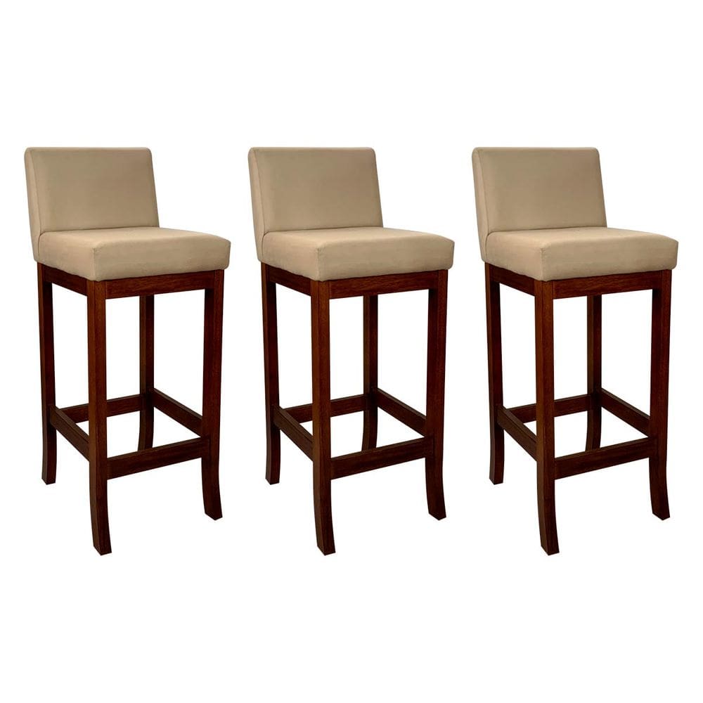 Kit 3 Banquetas Média Estofada em Madeira Maciça Castanho Melody Suede Bege