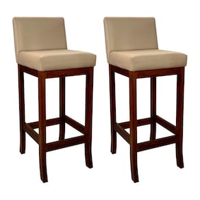 Kit 2 Banquetas Alta Estofada em Madeira Maciça Castanho Melody Suede Bege