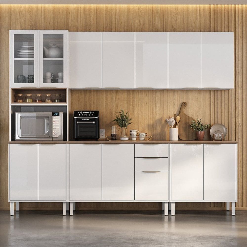 Cozinha Completa em Aço 5 Peças 14 Portas 2 Gavetas Paneleiro Espaço para Forno Renova Branco Neve