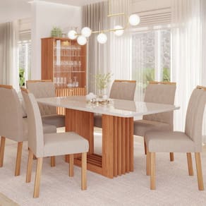 Sala de Jantar Ariela 180cm com 6 Cadeira Juliana CINAMOMO/OFF/MAD/LINHO BEGE