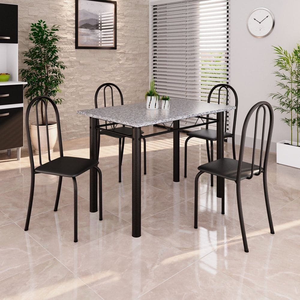 Conjunto de Mesa Tubular 100x60cm Tampo em Granito com 4 Cadeiras Preto