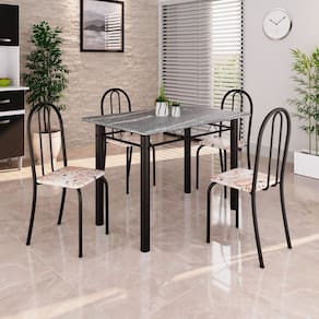 Conjunto de Mesa Tubular 100cm X 60cm Tampo em Granito com 4 Cadeiras Bege / Preto