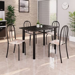 Conjunto de Mesa Tubular 100x60cm Tampo em Ardósia Indiano com 4 Cadeiras Bege / Preto