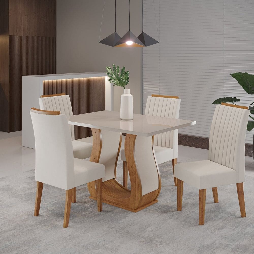 Conjunto Mesa de Jantar Retangular Amore 120x80cm com Vidro e 4 Cadeiras Mel/Off White/Marfim