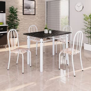 Conjunto de Mesa Tubular 100x60cm Tampo em Ardósia Indiano com 4 Cadeiras Bege / Branco