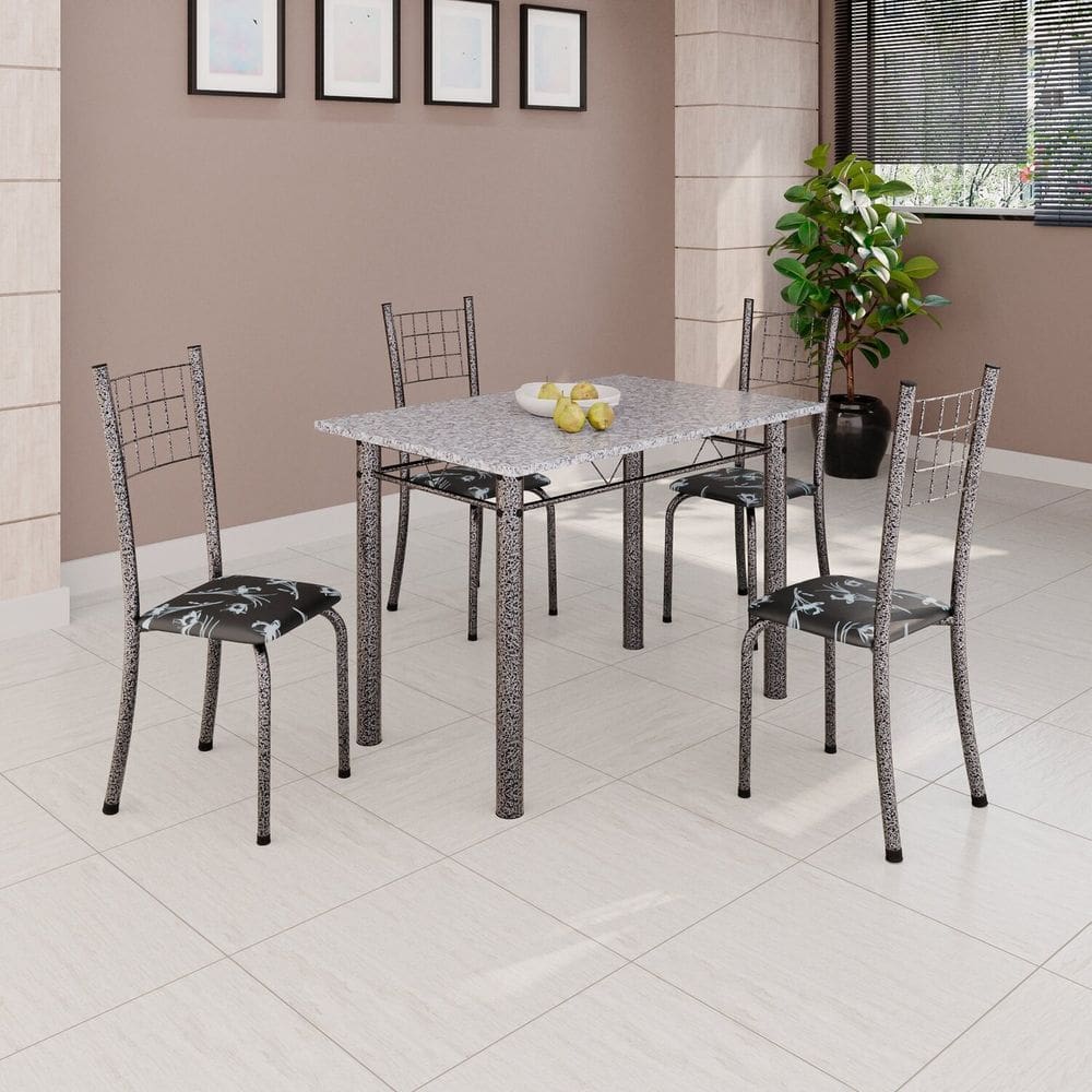 Conjunto de Mesa Tubular 100x60cm Tampo com 4 Cadeiras Dany Preto / Prata