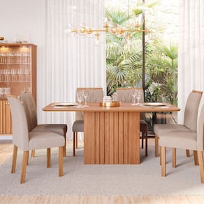 Sala de Jantar Ana 180 sem Vidro com 6 Cadeiras Juliana Cinamomo/Madeira/Linho Bege
