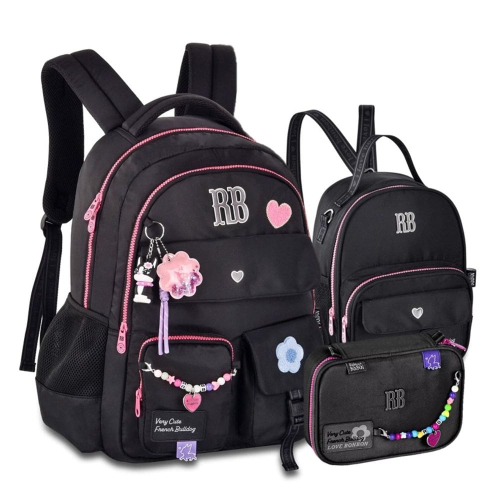 Kit Mochila Rebecca Bonbon Color Pop Miçangas + Lancheira e Estojo Preto