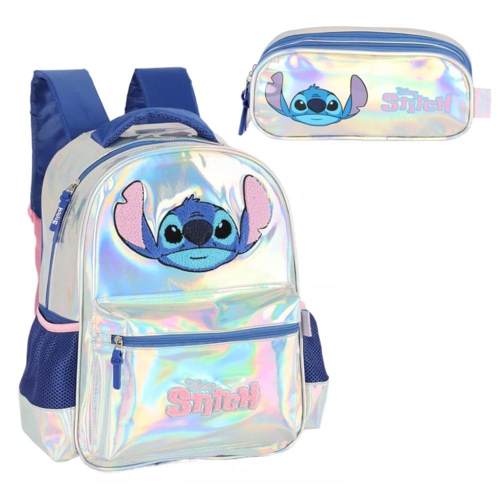 Mochila Escolar Infantil Feminina Costa Stitch Prata +Estojo