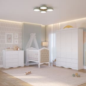Quarto de Bebê com Guarda Roupa 4 Portas Cômoda e Berço Capitonê 2 em 1 100MDF Laura Permobili