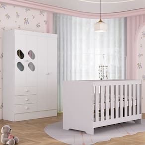 Quarto de Bebê com Guarda Roupa 4 Portas 3 Gavetas com Janela Berço 3 em 1 Maya Rodial