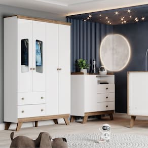 Quarto de Bebê com Guarda Roupa 4 Portas e Cômoda 3 Gavetas Lola Henn