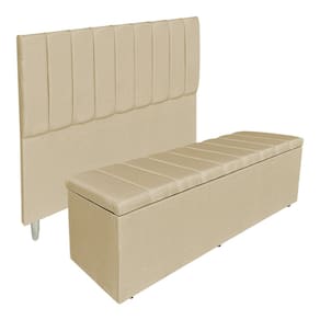 Kit Cabeceira e Calçadeira Baú Casal Queen 1,60m Londres Linho Dourado Dal Poz Estofados
