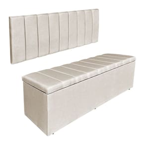 Kit Cabeceira Painel e Calçadeira Baú Casal King 1,95m Londres Veludo Bege Dal Poz Estofados