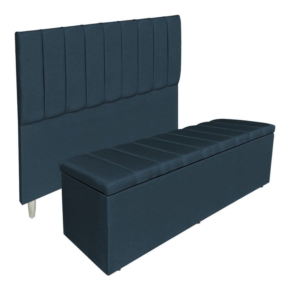 Kit Cabeceira e Calçadeira Baú Solteiro 0,90m Londres Suede Azul Marinho Dal Poz Estofados