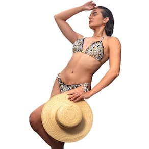 Biquini Cortininha Ripple Estampa Margarida Flores Proteçao UV Calcinha de Amarrar Poliamida Lycra