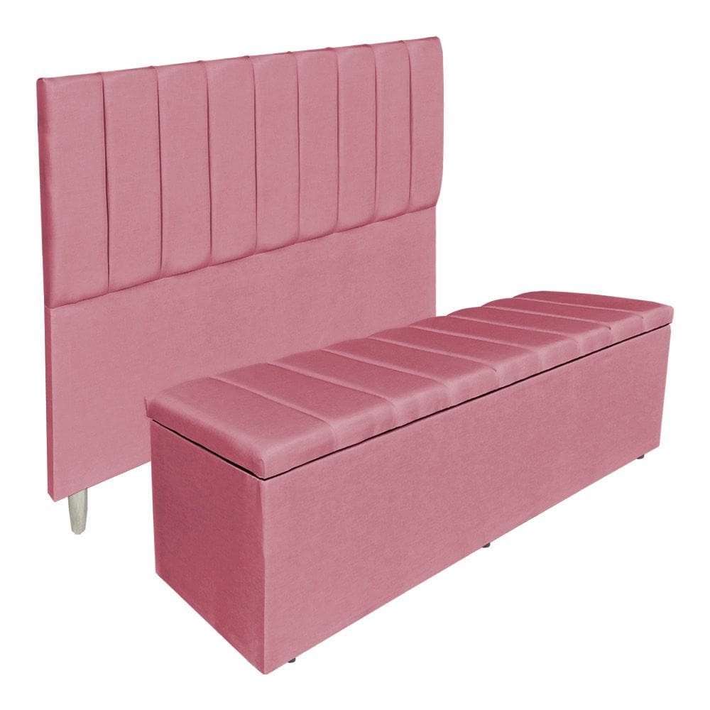 Kit Cabeceira e Calçadeira Baú Casal Queen 1,60m Londres Suede Rosa Dal Poz Estofados