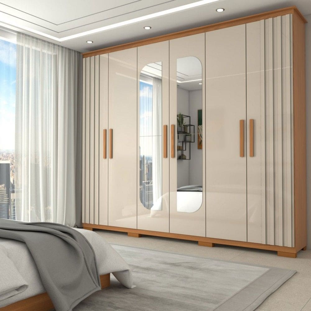 Guarda-Roupa Casal Hiara 6 Portas 4 Gavetas com Espelho Natural/Off White - Panorama Móveis