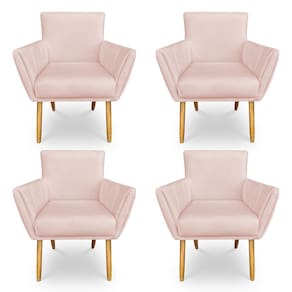 Kit 4 Poltronas Decorativa Leticia Suede Rosa Bebê Pés Palito Castanho - Pallazio
