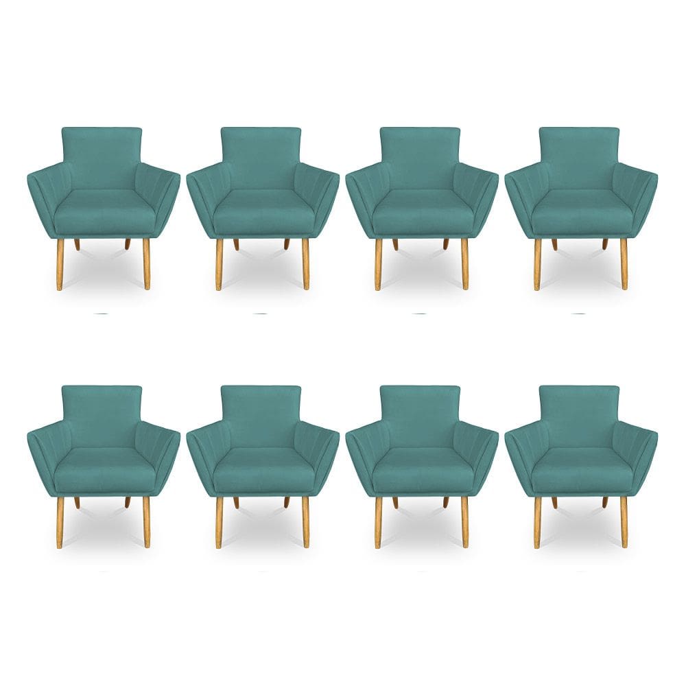 Kit 8 Poltronas Decorativa Leticia Suede Azul Turquesa Pés Palito Castanho - Pallazio