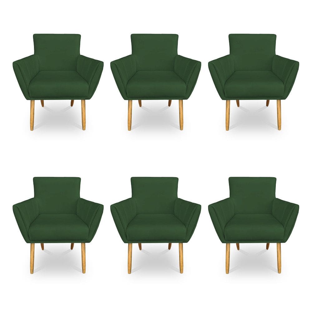 Kit 6 Poltronas Decorativa Leticia Suede Verde Pés Palito Castanho - Pallazio