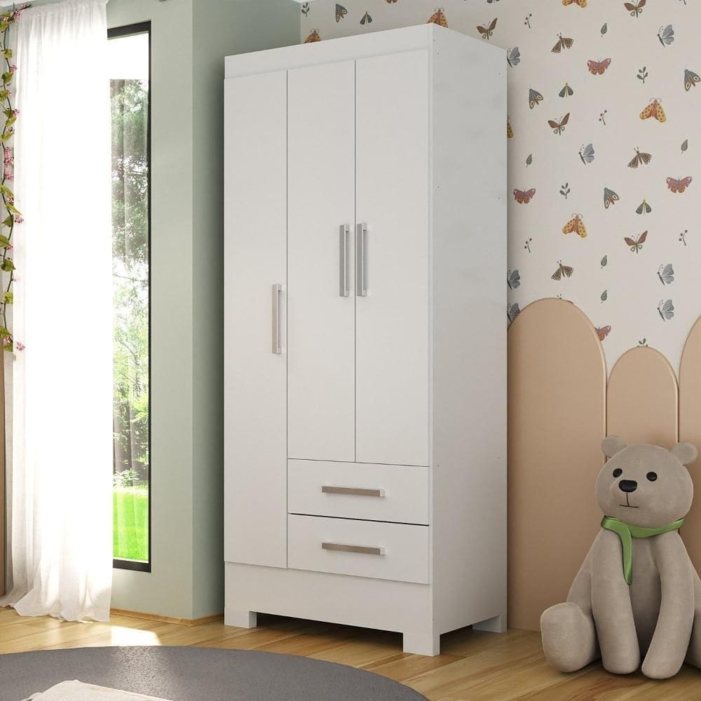 Guarda-Roupa Infantil 3 Portas e 2 Gavetas Amy Espresso Móveis Branco