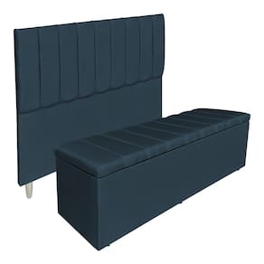 Kit Cabeceira e Calçadeira Baú Casal Queen 1,60m Londres Veludo Azul Marinho Dal Poz Estofados