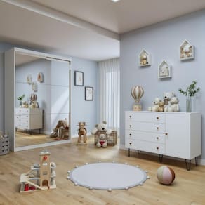 Quarto Infantil Guarda-Roupa 2 Portas Espelhadas Lumi com Cômoda 1 Porta 4 Gavetas Aurora Branco