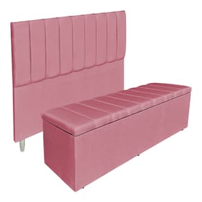 Kit Cabeceira e Calçadeira Baú Casal Queen 1,60m Londres Veludo Rosa Dal Poz Estofados