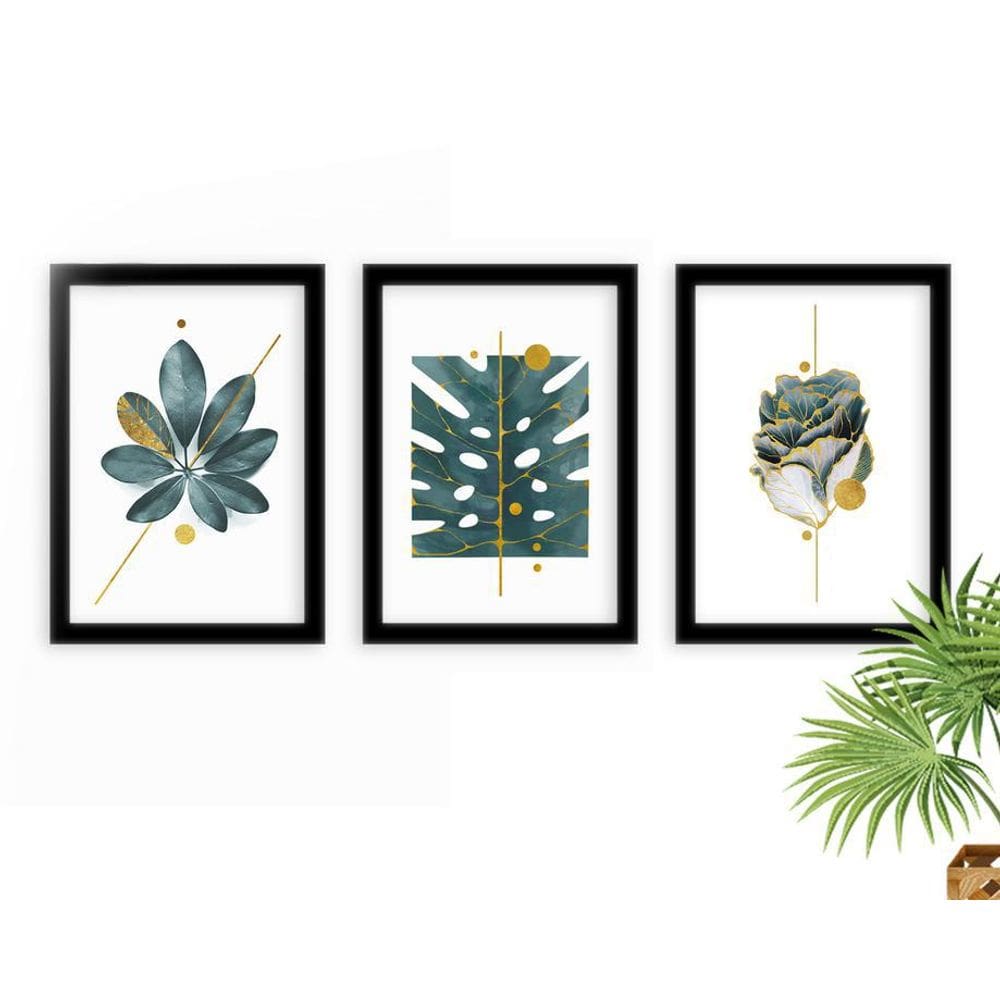 Kit 3 Quadros Decorativos Com Moldura Plantas Pingo Dourado