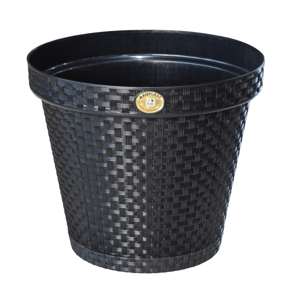 Vaso de Plantas Redondo com Prato Rattan 20 Litros Preto Arqplast