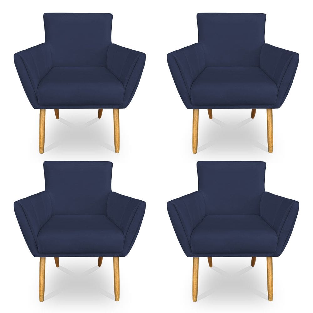 Kit 4 Poltronas Decorativa Leticia Suede Azul Marinho Pés Palito Castanho - Pallazio