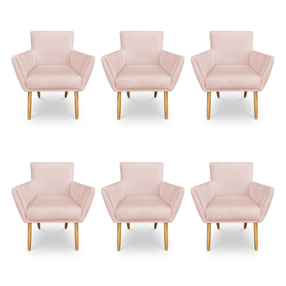 Kit 6 Poltronas Decorativa Leticia Suede Rosa Bebê Pés Palito Castanho - Pallazio