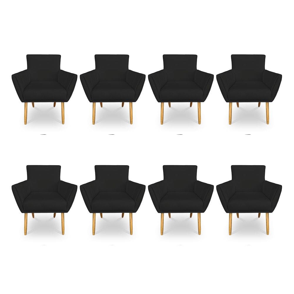 Kit 8 Poltronas Decorativa Leticia Suede Preto Pés Palito Castanho - Pallazio