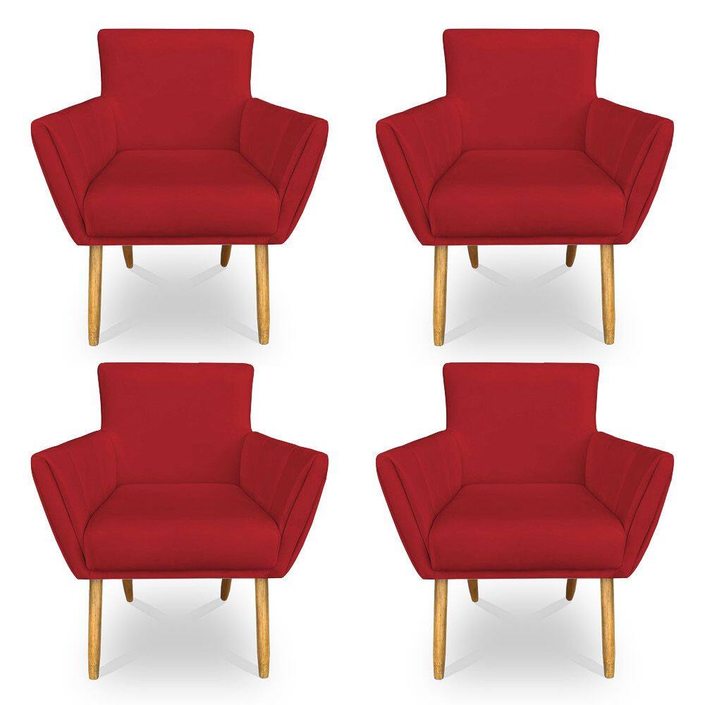 Kit 4 Poltronas Decorativa Leticia Suede Vermelho Pés Palito Castanho - Pallazio