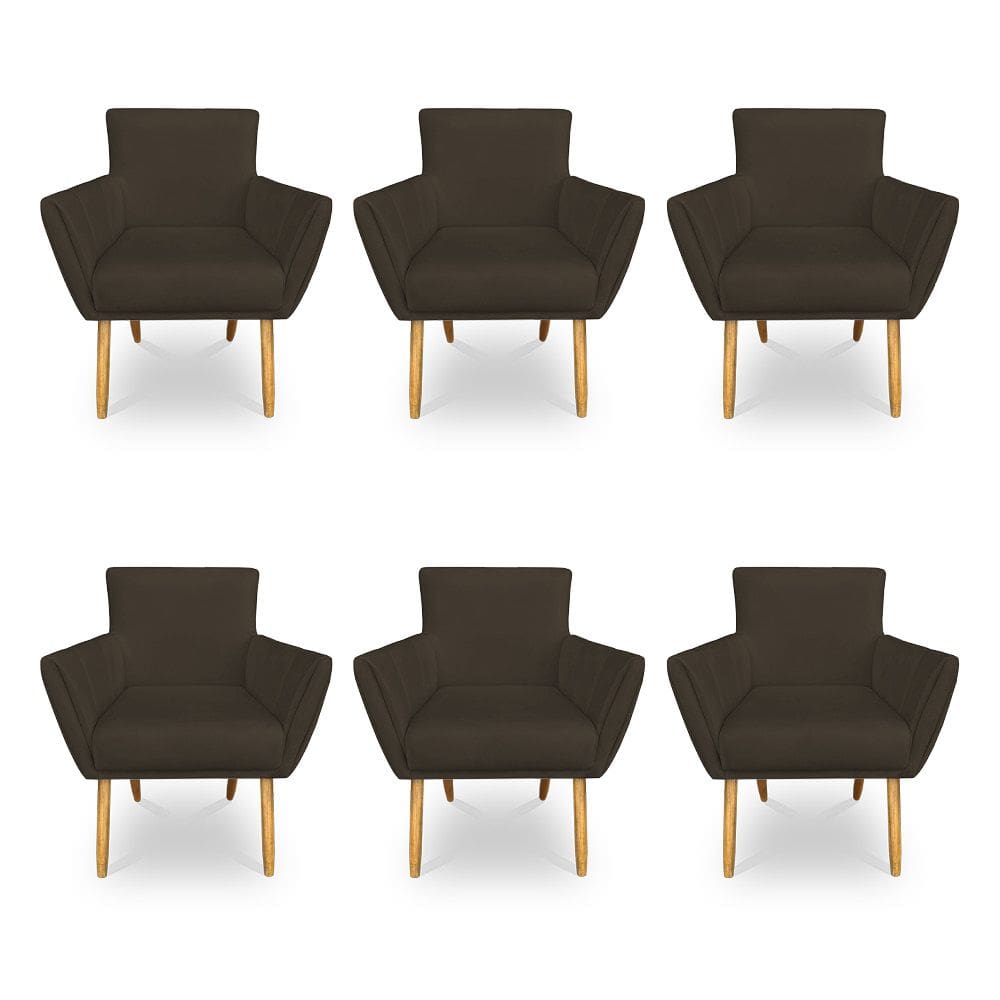 Kit 6 Poltronas Decorativa Leticia Suede Marrom Pés Palito Castanho - Pallazio