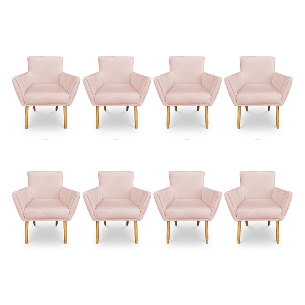 Kit 8 Poltronas Decorativa Leticia Suede Rosa Bebê Pés Palito Castanho - Pallazio