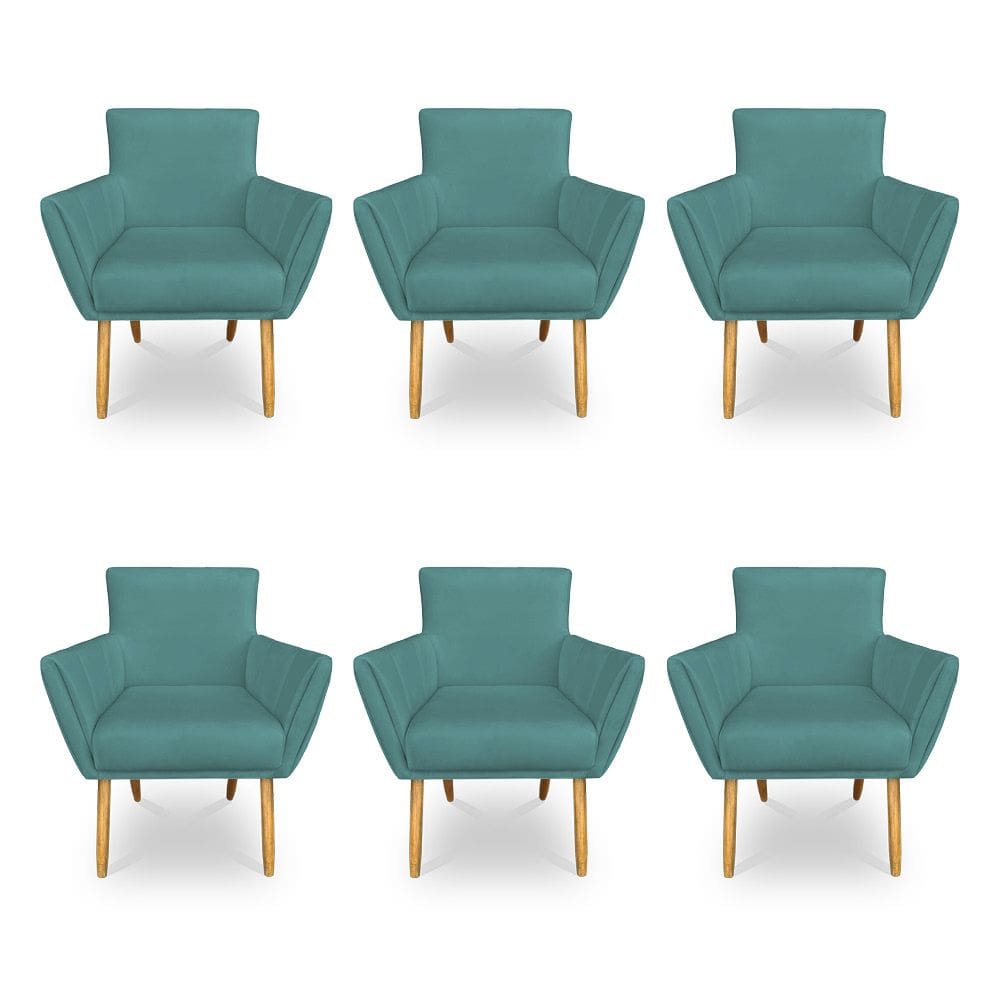 Kit 6 Poltronas Decorativa Leticia Suede Azul Turquesa Pés Palito Castanho - Pallazio