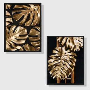 Kit 2 Quadros Folhagens Preto Dourado 45X34 Vidro Preta